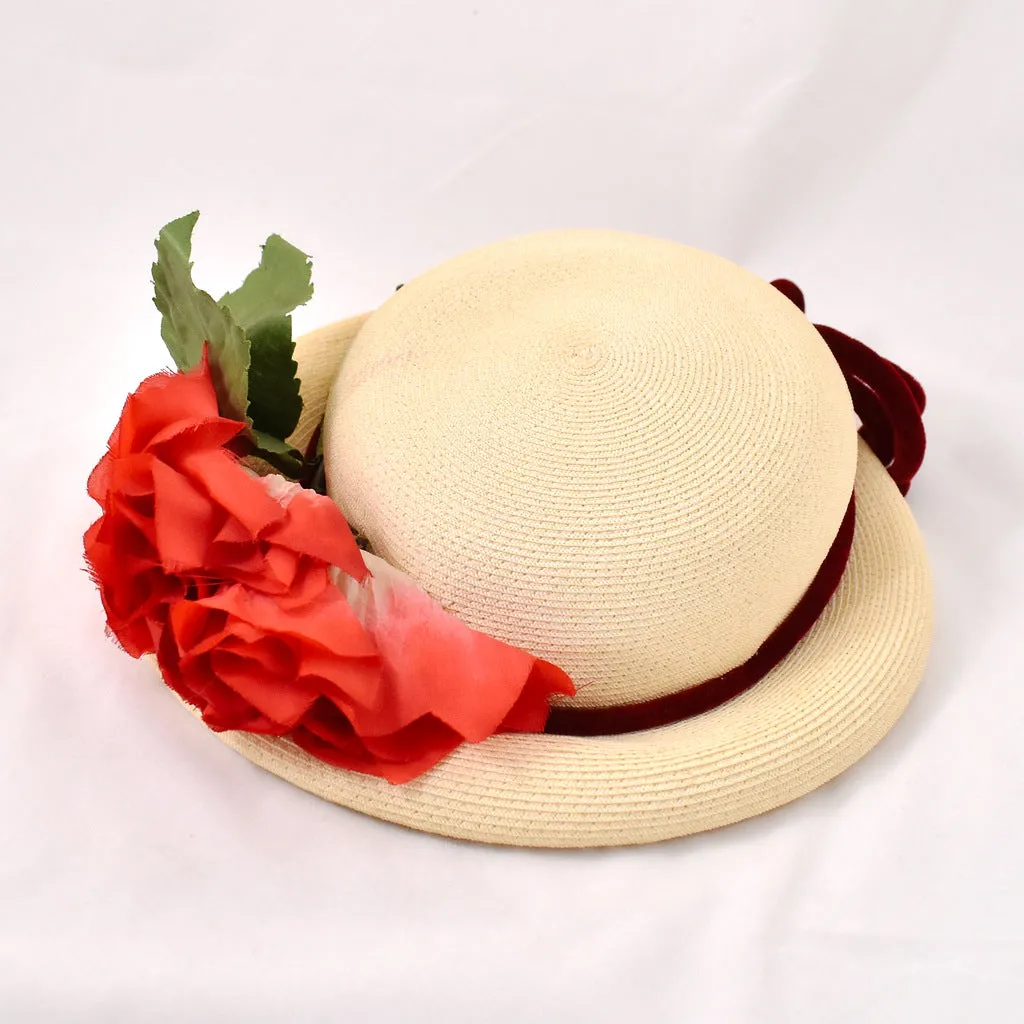 1950s Red Floral Vintage Straw Hat