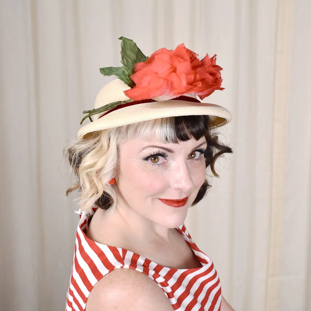 1950s Red Floral Vintage Straw Hat