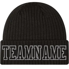 Custom Black Black-Gray Stitched Cuffed Knit Hat