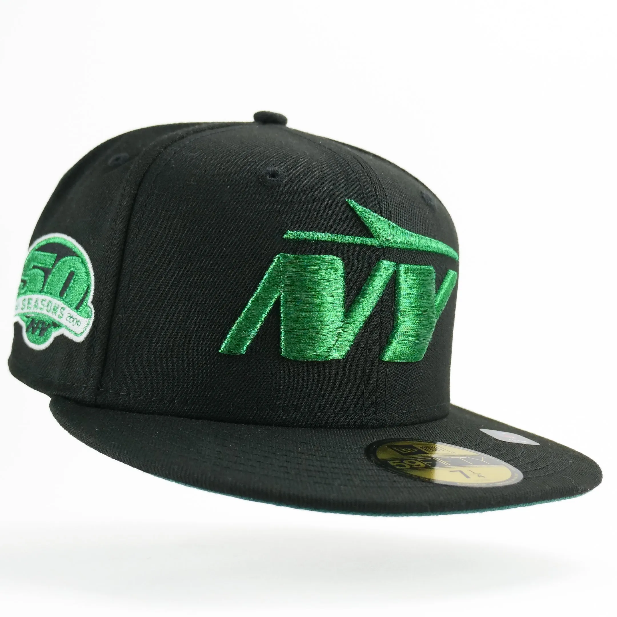 New Era Custom Exclusive Fitted New York Jets Alternate Logo Black Metallic Green Thread 50th Anniversary Patch