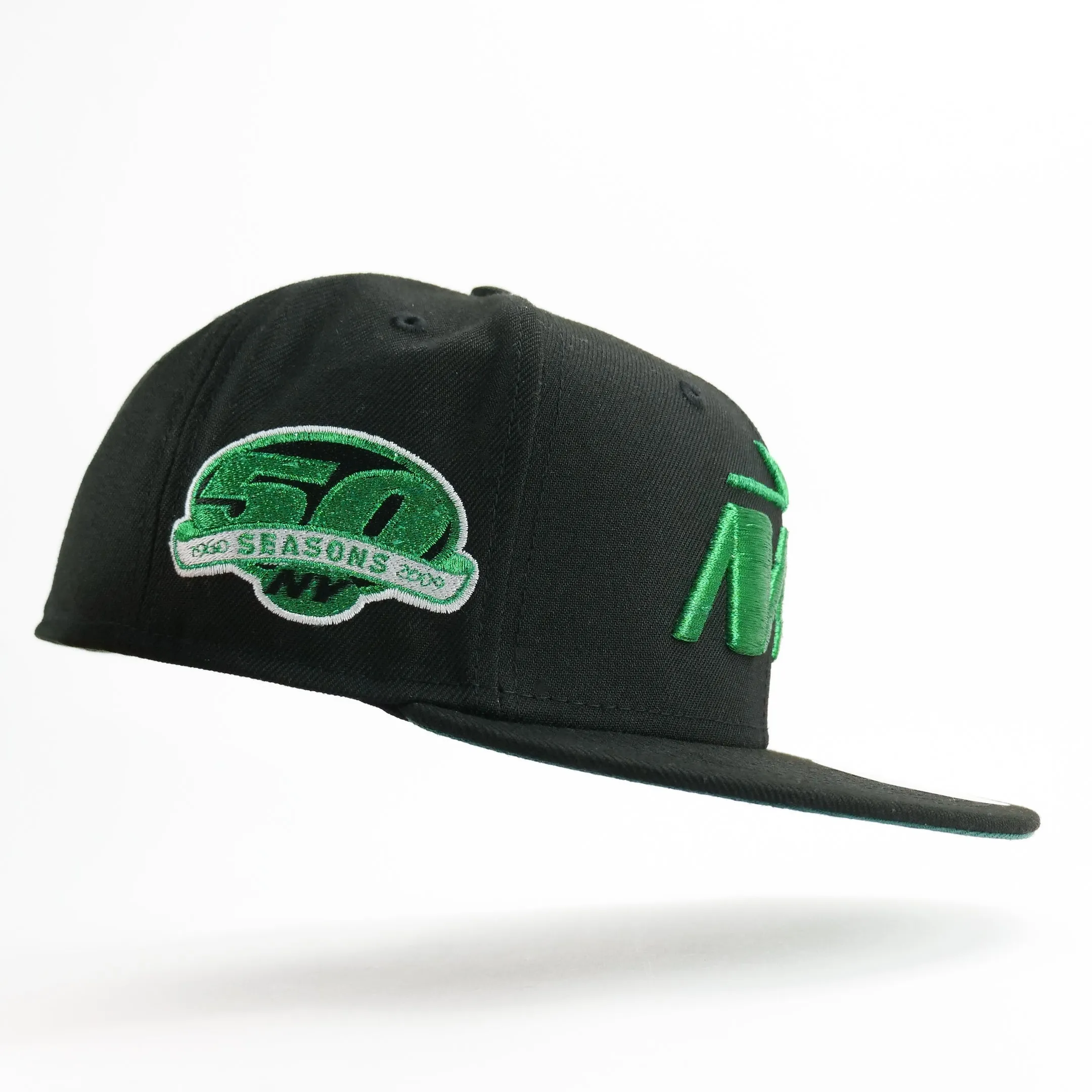 New Era Custom Exclusive Fitted New York Jets Alternate Logo Black Metallic Green Thread 50th Anniversary Patch