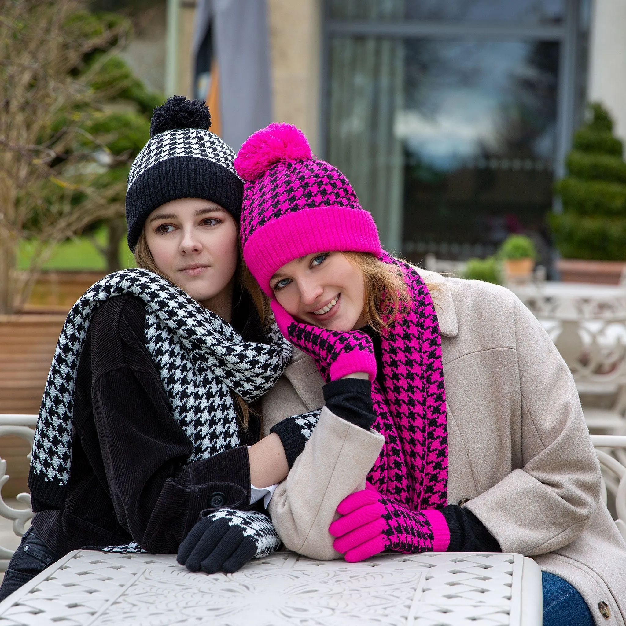 Women’s Knitted Bobble Hat with Dogtooth Pattern