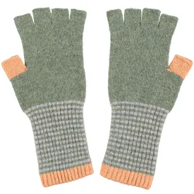 Women's Moss Green & Peach Lambswool Fingerless Gloves